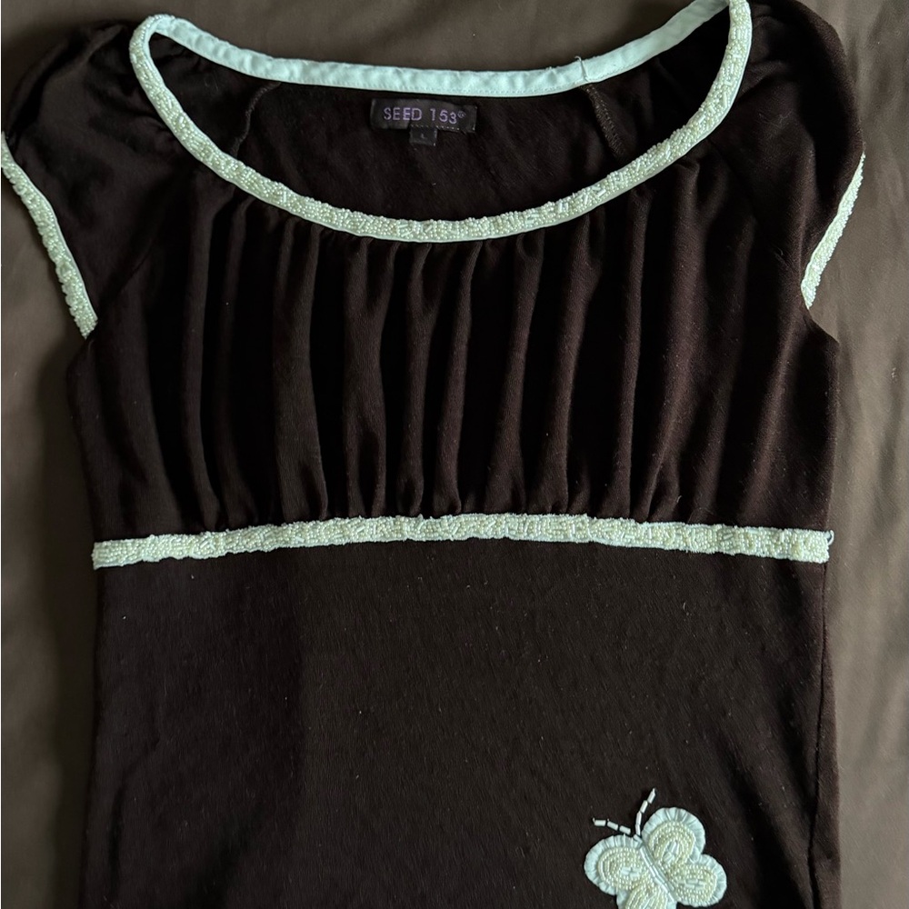 Thrifted Women's vintage Brown Top with beaded accents